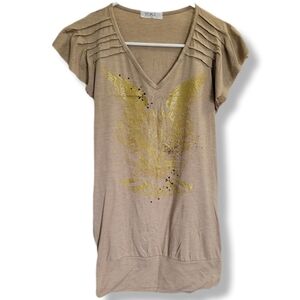 Yuka Tan And Gold Y2K Cybersigilism Avant Garde Short Sleeve Tunic Shirt